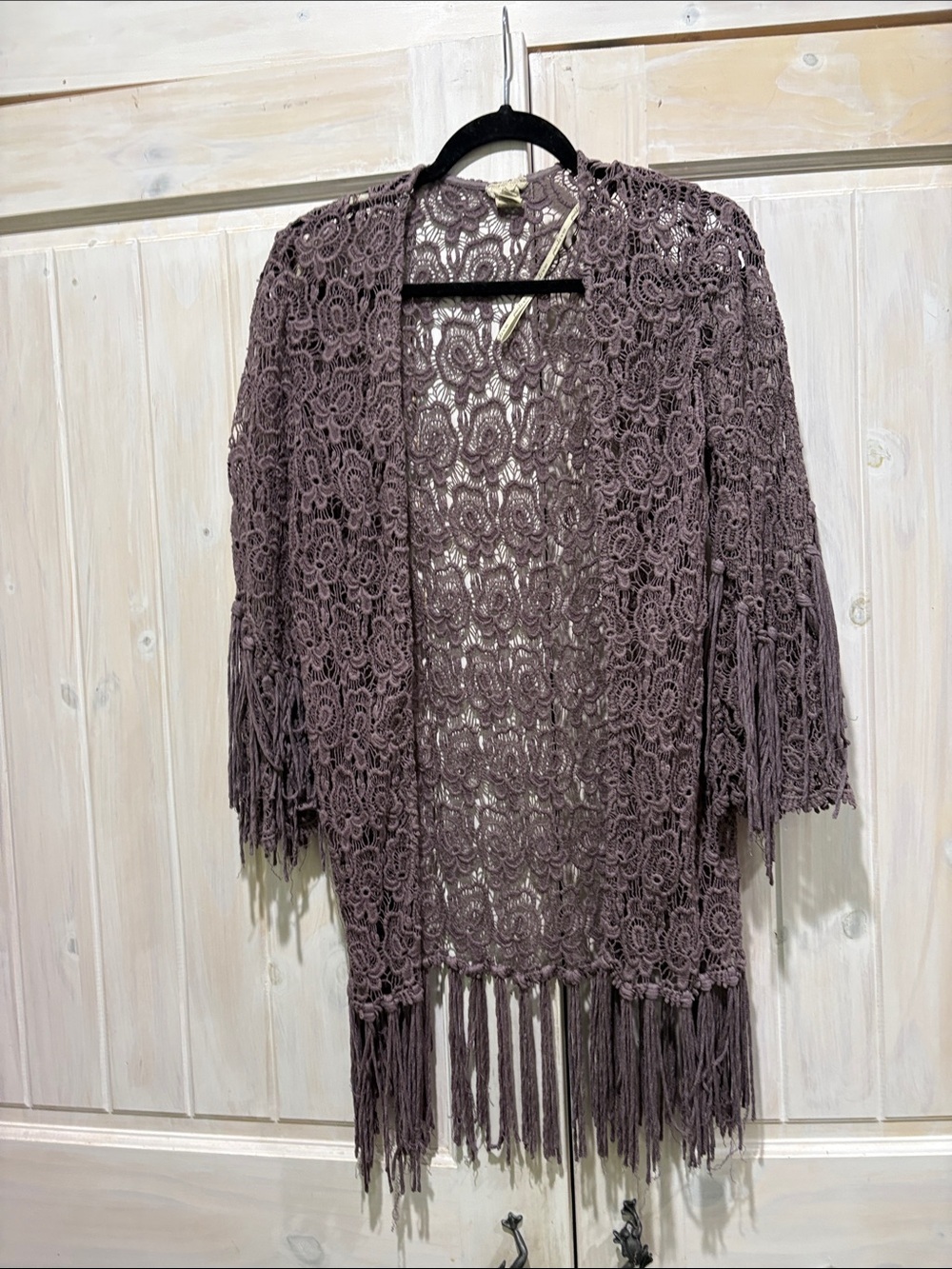 Gimmicks by BKE Crochet Fringe Open-Front Cardigan- Dusty Mauve